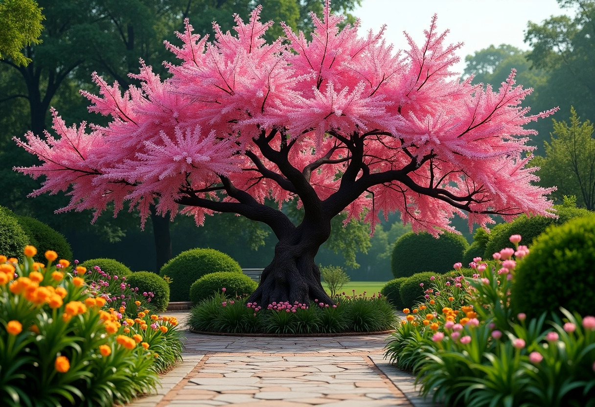 arbre fleurs roses